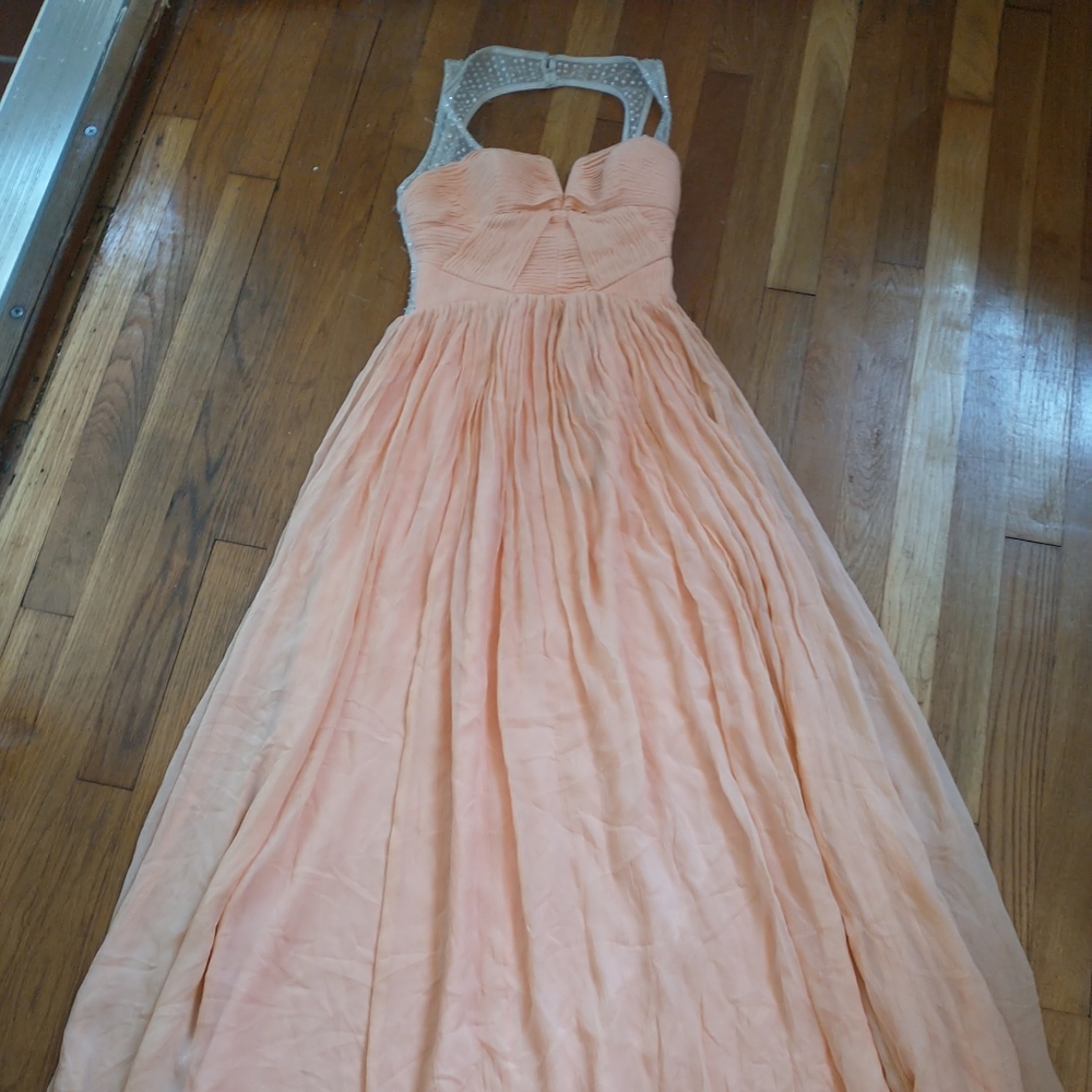 Marciano Gloria Papaya Pink Silk Mesh Embellished Pleated Gown Women Smal